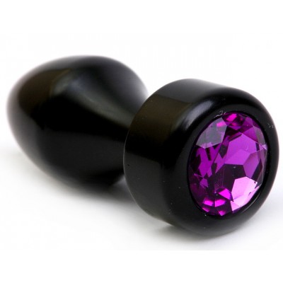 Черная металлическая анальная пробка-конус с фиолетовым стразом, размер S