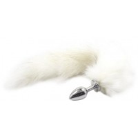 Металлическая анальная пробка M с длинным белым хвостиком 42 см
