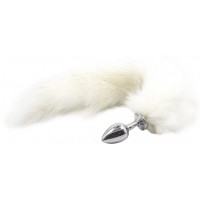 Металлическая анальная пробка L с длинным белым хвостиком 43 см