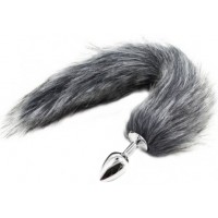 Металлическая анальная пробка M с длинным серым хвостиком 43 см