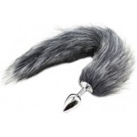Металлическая анальная пробка L с длинным серым хвостиком 44 см