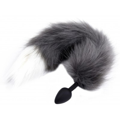 Силиконовая анальная втулка S с серо-белым хвостиком Furry Fox 44 см