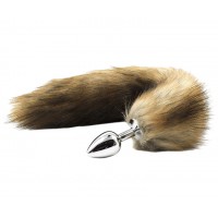 Металлическая анальная пробка S с длинным бурым хвостиком 43 см