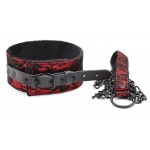 Черно-красный ошейник декорированный кружевом на металлическом поводке