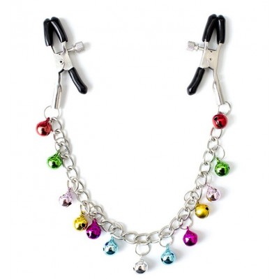 Зажимы для сосков на крупной цепочке с разноцветными бубенчиками Зажимы для сосков на крупной цепочке с разноцветными бубенчиками