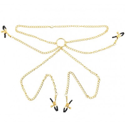 Золотые зажимы на соски и половые губы с цепью на шею Золотые зажимы на соски и половые губы с цепью на шею