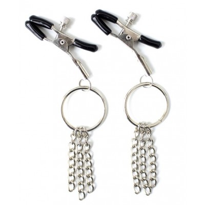 Зажимы для сосков серебристые с кольцами и цепями Зажимы для сосков серебристые с кольцами и цепями