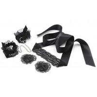 Черный кружевной БДСМ набор (наручники, пэстисы, лента для глаз)